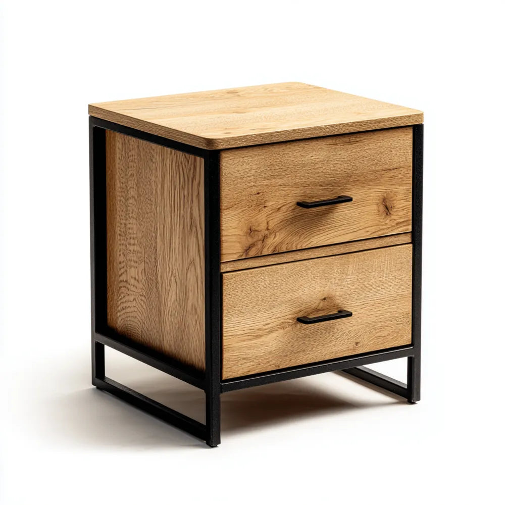 Bedside Table - Solid Wood 50x40x60 cm - Oak/Black - Industrial Style